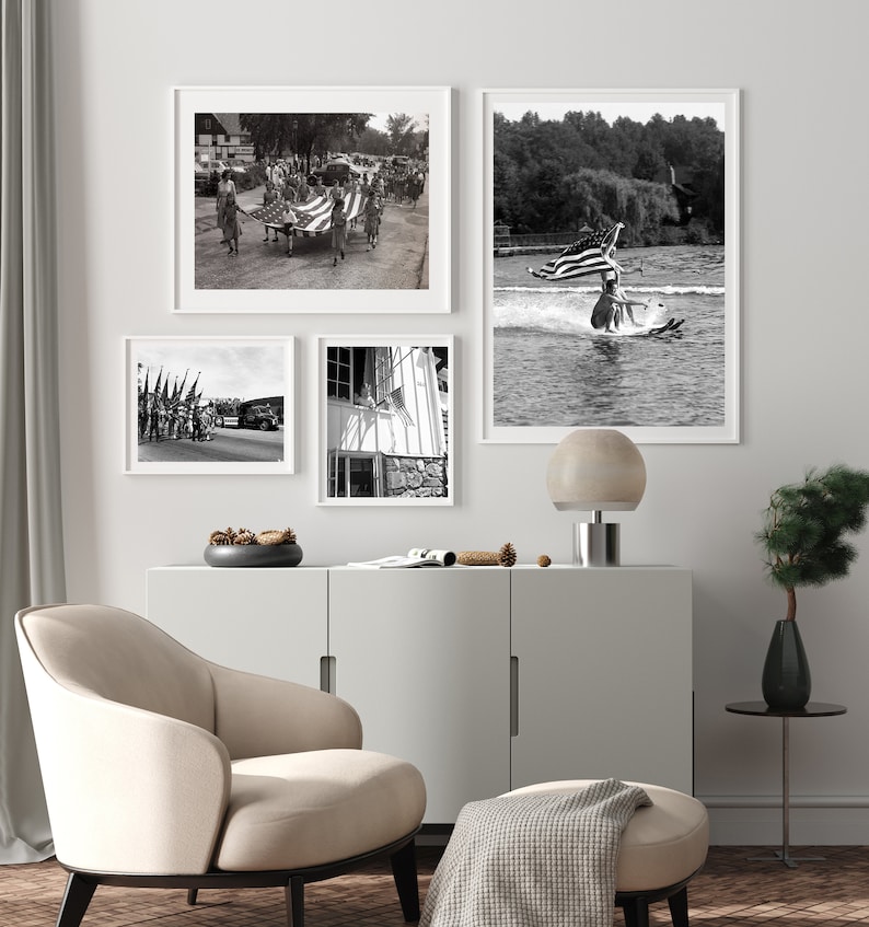 Lake house wall art, Vintage water skiing photo, Black and white custom print, Retro coastal art image 9