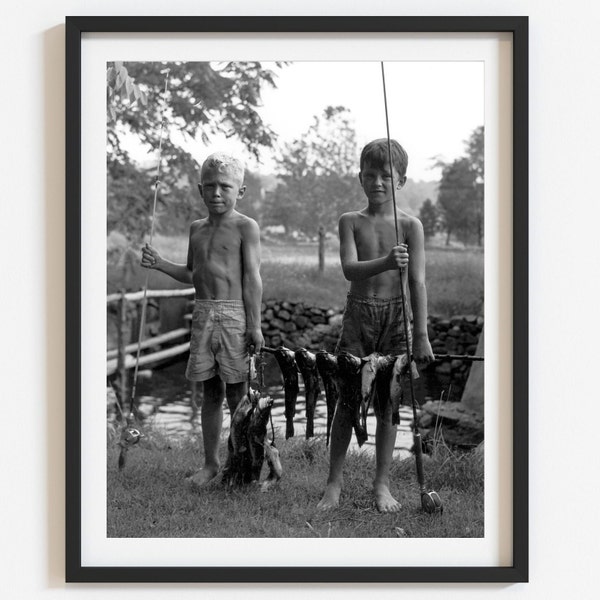 Rustic decor, Vintage 1950's boys' fishing photo print, Country home wall art, Retro nursery decor, Black and white print, Select size