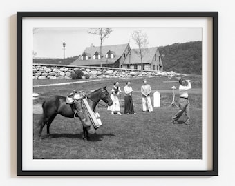 Impression photo de golf caddy cheval des années 1930 : art mural vintage drôle