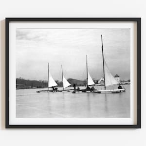 Winter art, Vintage 1930&#39;s iceboats photo, Black and white custom print, Retro style winter home decor, Select size, Lake house wall art