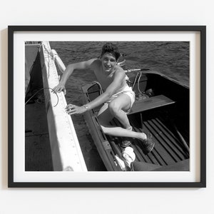 Vintage rowing photo, Black and white custom photo print, Retro lake house wall art, Cute fun vintage boy in rowboat photo
