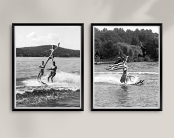 Set of 2 photo prints, Vintage waterskiing photos, Black and white custom reproductions, select size