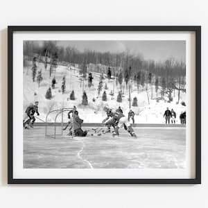 Unique vintage hockey art, Retro winter home decor, Black and white photo print, Hockey poster, Hockey gift, Lake house wall art