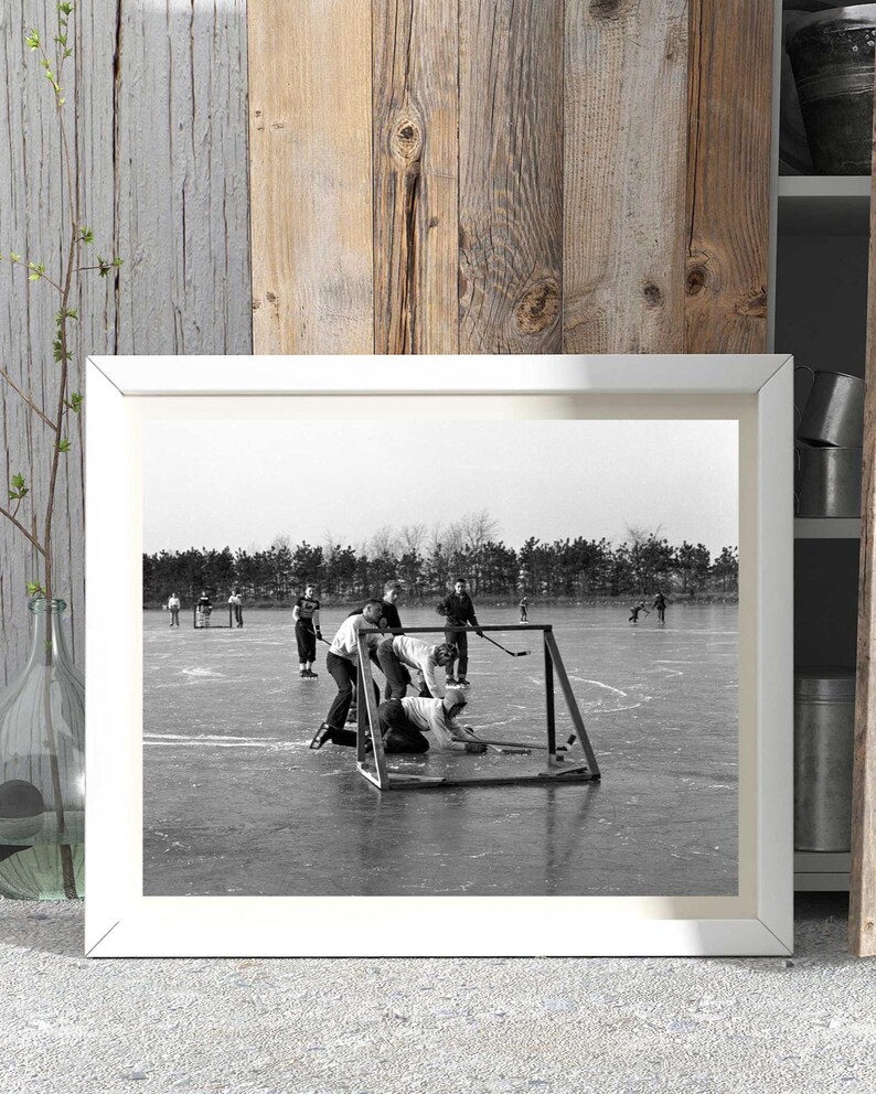 1950s Vintage Hockey Photo: Black and White Ice Action Print, Winter Wall Art image 4