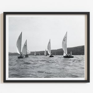 Sailing art, Vintage sailboat regatta photo print, Lake house wall art, Custom black and white reproduction, Select size, Summer home decor