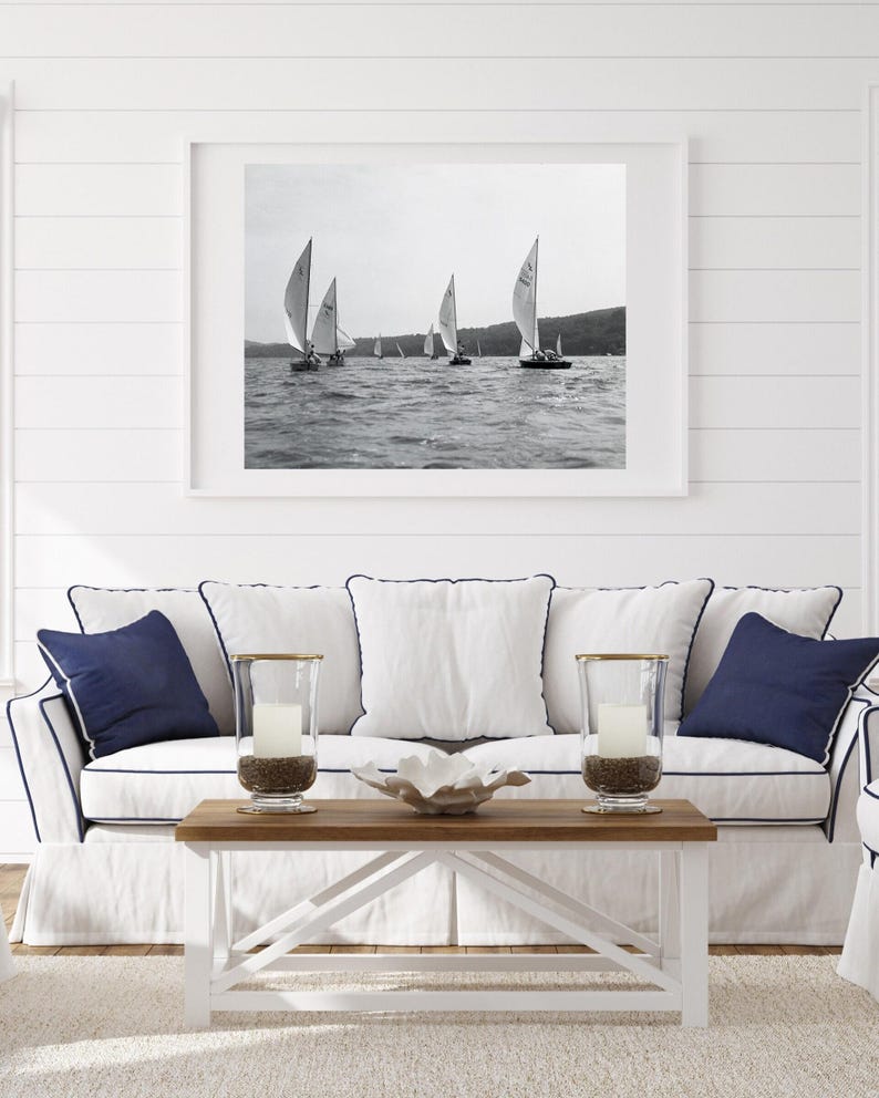 Arte náutico, impresión fotográfica vintage de regata de veleros, decoración de pared para casa de lago, reproducción personalizada en blanco y negro, seleccione el tamaño, decoración de verano para el hogar imagen 6
