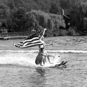 Lake house wall art, Vintage water skiing photo, Black and white custom print, Retro coastal art image 2