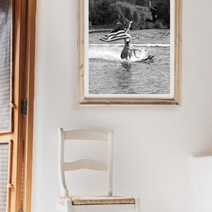 Lake house wall art, Vintage water skiing photo, Black and white custom print, Retro coastal art image 6