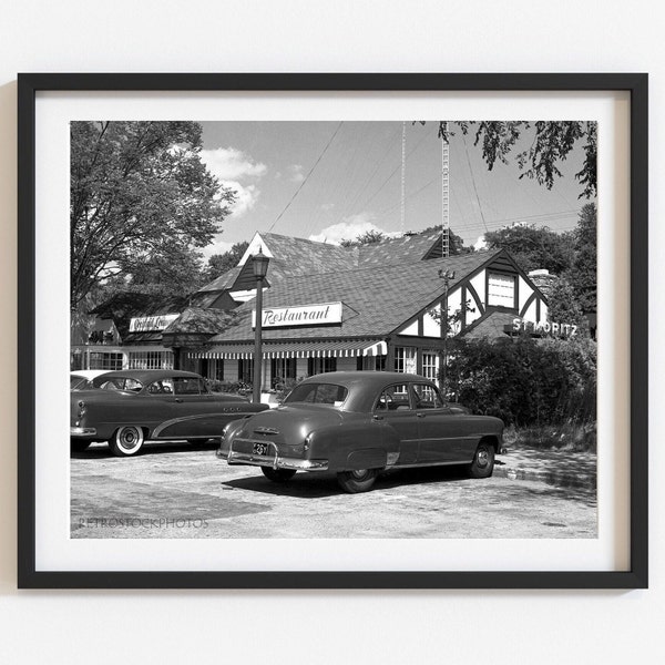 Vintage style art, 1950’s restaurant and antique cars photo, Cafe art, Black and white high-quality reproduction, Select size