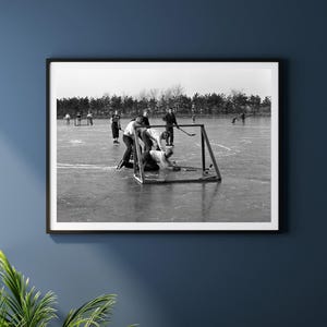 1950s Vintage Hockey Photo: Black and White Ice Action Print, Winter Wall Art image 6