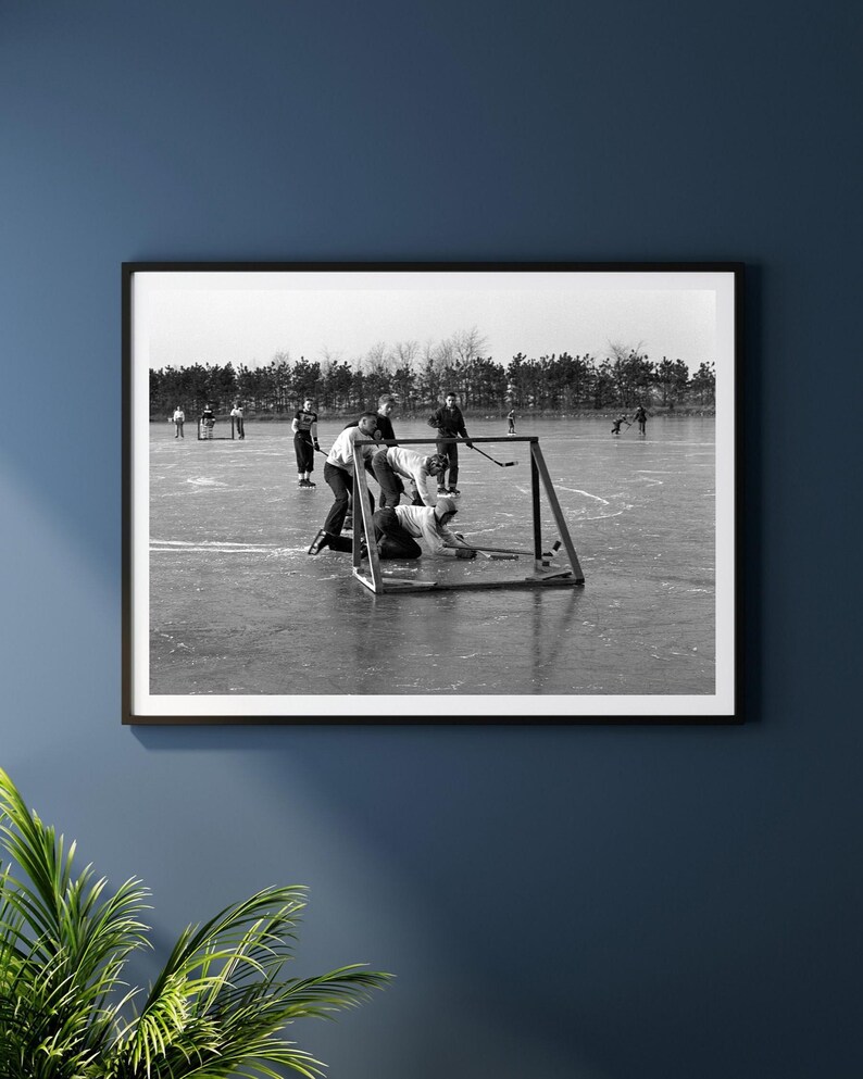 1950s Vintage Hockey Photo: Black and White Ice Action Print, Winter Wall Art image 6