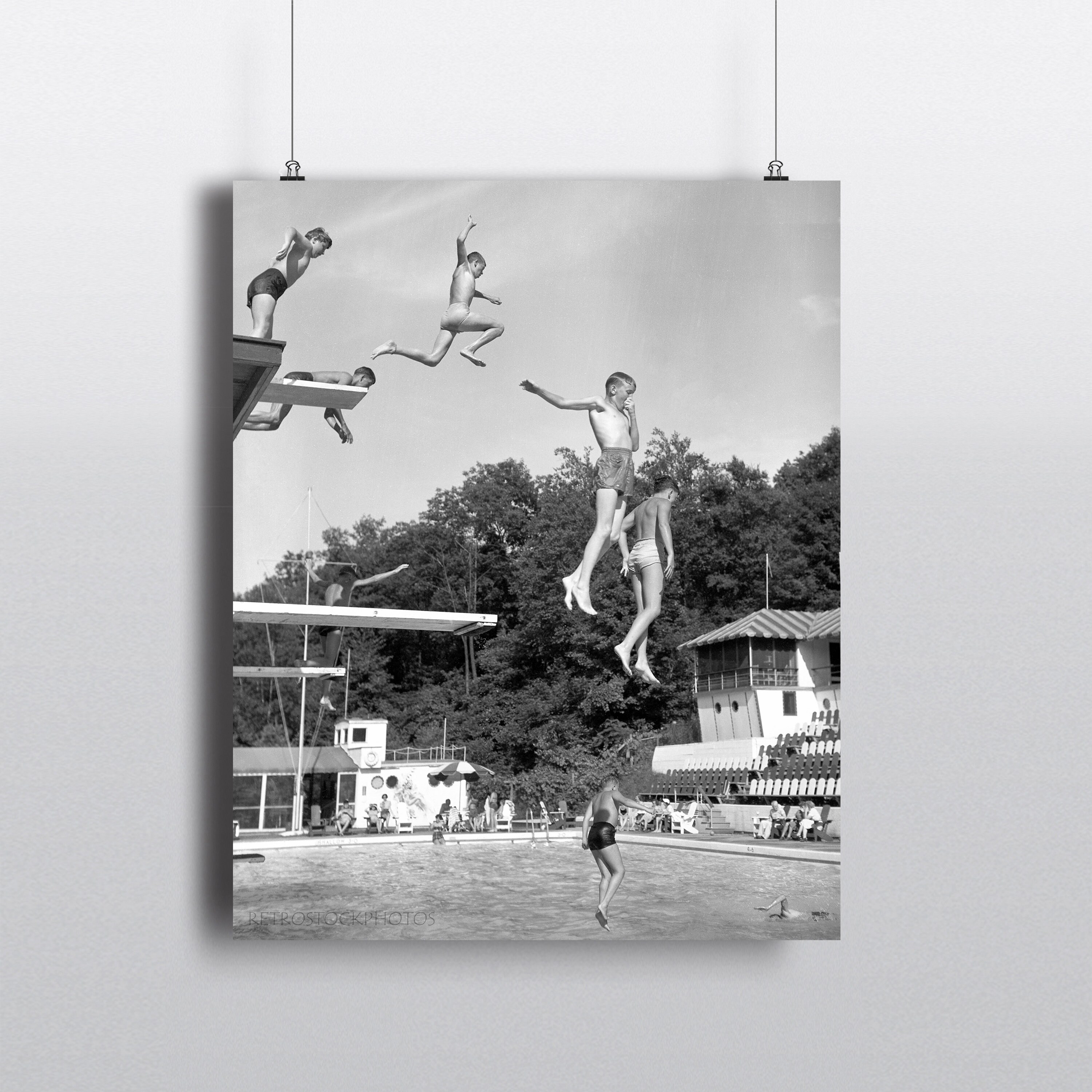 Vintage swimming photo retro summer wall art black and white | Etsy