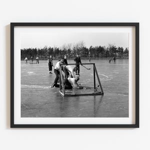 1950s Vintage Hockey Photo: Black and White Ice Action Print, Winter Wall Art image 1
