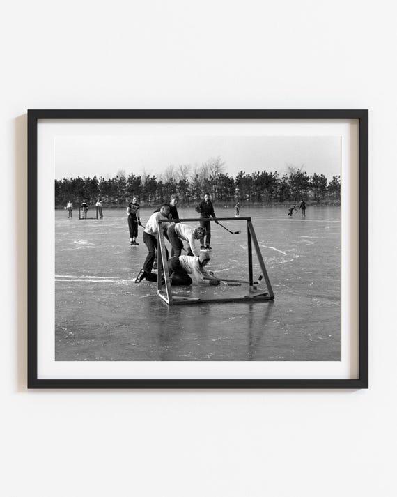 1950s Vintage Hockey Photo: Black and White Ice Action Print, Winter Wall Art