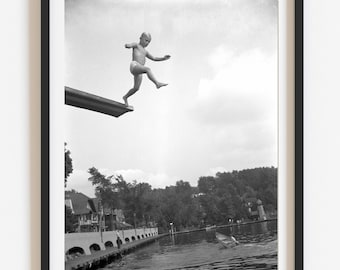 Photo print, Vintage-inspired wall art, Unique rare child on diving board photo, High-quality black and white custom reprint, Select size