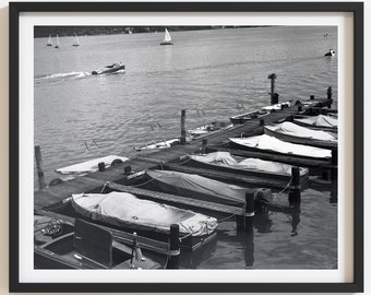 Lake art, Unique vintage boats photo print, Beach house wall art, Summer home decor, Black and white high-quality custom print, Select size