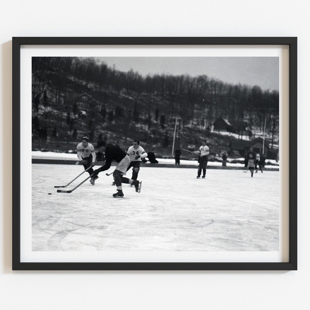 Vintage Hockey Photo Print: 1950s Black and White Winter Scene