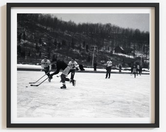 Vintage Hockey Photo Print: 1950s Black and White Winter Scene