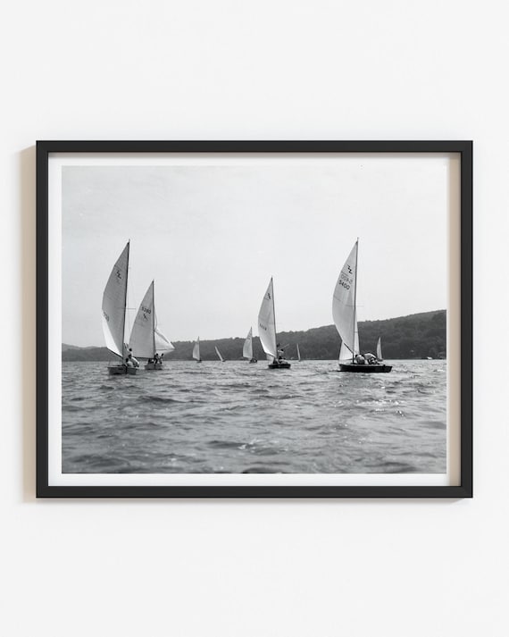 Sailing art, Vintage sailboat regatta photo print, Lake house wall art, Custom black and white reproduction, Select size, Summer home decor