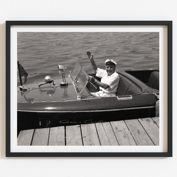 Vintage Chris Craft boat photo, Black and white custom print, Select size, Unique retro wall art, Boat collector gift