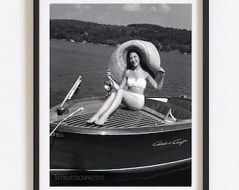 1950s Bikini Model Print, Vintage Chris Craft Boat Photo, Retro Wall Art