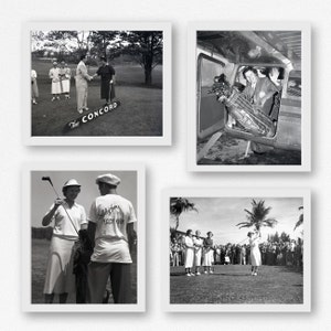 Pode incluir: Uma colagem de quatro fotos em preto e branco. A imagem superior esquerda mostra tr&ecirc;s pessoas num campo de golfe. A imagem superior direita mostra uma mulher a entrar num pequeno avi&atilde;o. A imagem inferior esquerda mostra duas pessoas num campo de golfe. A imagem inferior direita mostra uma mulher a balan&ccedil;ar um taco de golfe num campo de golfe.