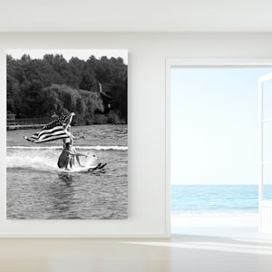 Lake house wall art, Vintage water skiing photo, Black and white custom print, Retro coastal art image 5