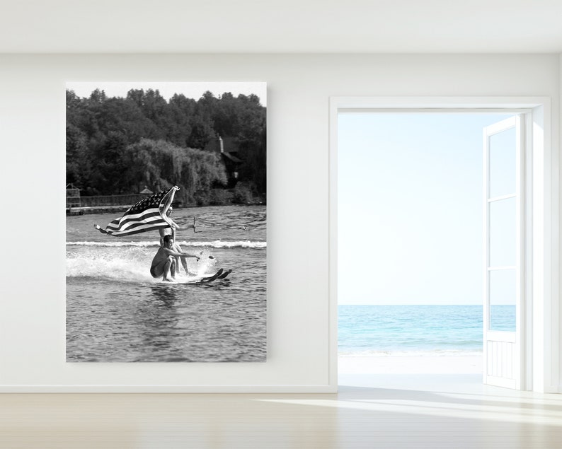 Lake house wall art, Vintage water skiing photo, Black and white custom print, Retro coastal art image 5