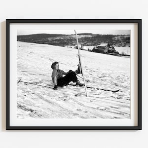 Vintage winter art, Black and white photo print, Retro winter home wall art, Funny 1930's snow skiing photo, Select print size