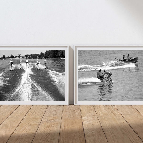 Waterski art, Set of 2 photo prints, Black and white custom reproductions, Select size, Vintage lake house all art, Summer home decor