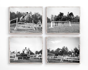 Equestrian art, Farmhouse style wall art, Set of 4 prints, Black and white vintage horse competition photos, Country home decor, Select size