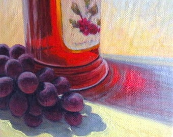 Kitchen art - 'Red Grapes' - original painting - oil - red - turquoise - still life - 6x6 - food - contemporary - square - small painting