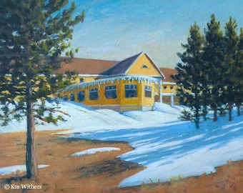 SALE .. Lake Yellowstone Hotel - original landscape painting - plein air - snow painting - historic - cottage chic - national park art