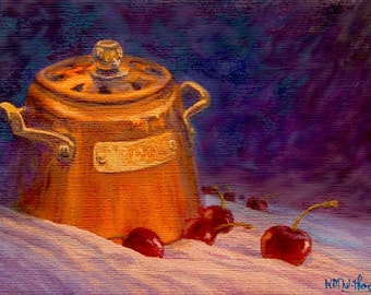 Kitchen art - 'Cherries and Copper' - original oil painting - realistic - still life - purple - fruit - small painting - free shipping