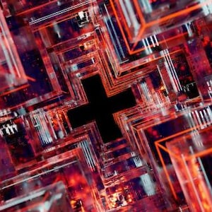 May include: Abstract digital art with a geometric design. The image features a black cross shape at the center, surrounded by a network of red and orange lines and shapes, creating a futuristic, technological aesthetic.