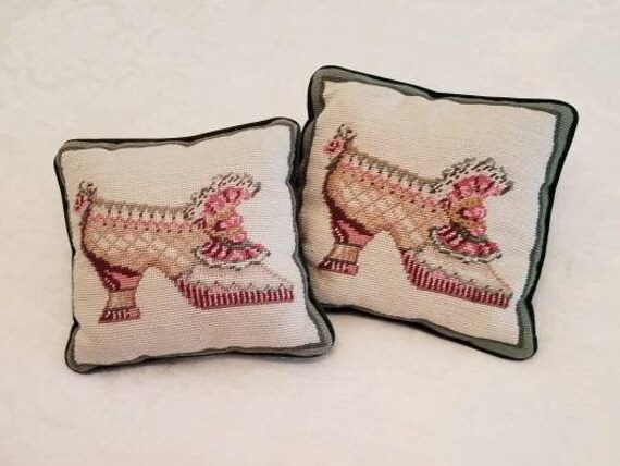 2 Pc Lot Vintage Needlepoint Pillow Finished Victorian Shoe Etsy