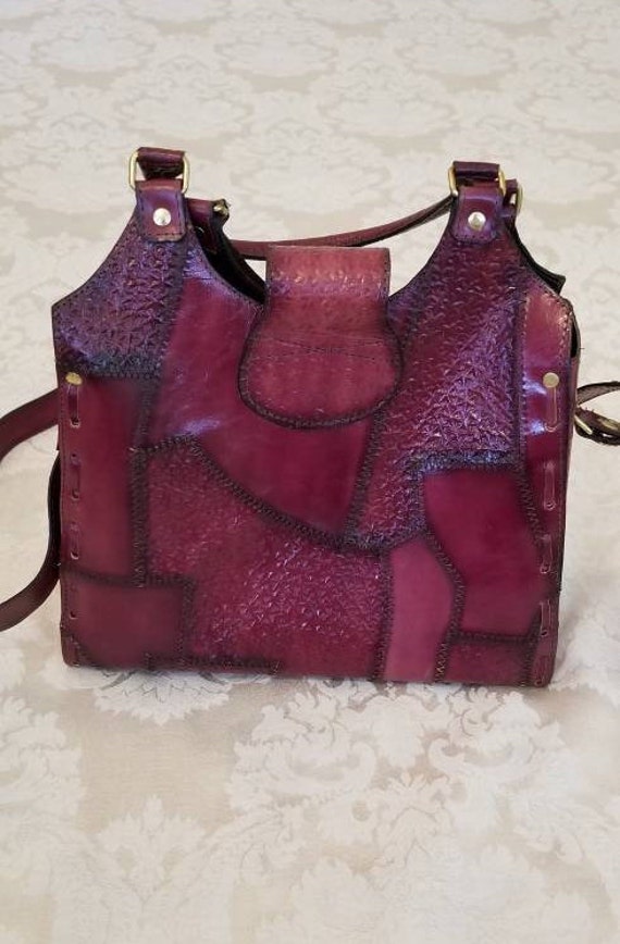 Vintage Rustic Patchwork Leather Tooled Bag with … - image 8
