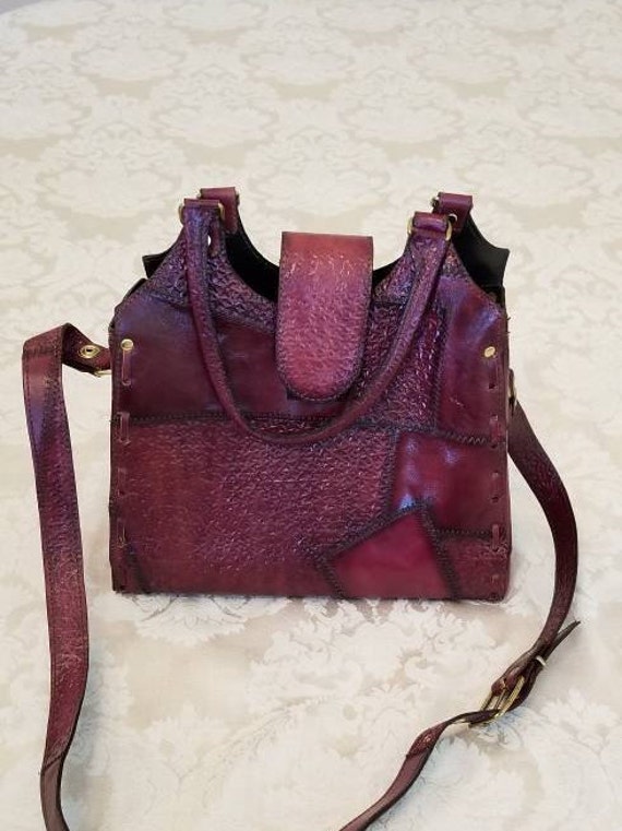 Vintage Rustic Patchwork Leather Tooled Bag with … - image 1