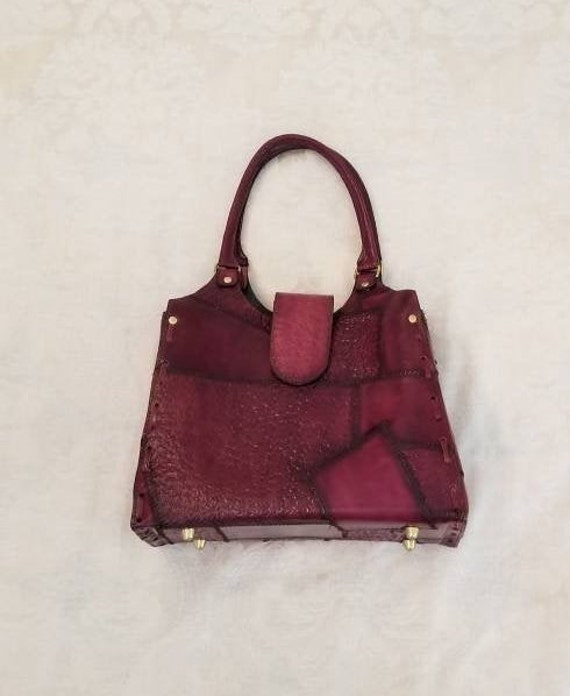 Vintage Rustic Patchwork Leather Tooled Bag with … - image 3