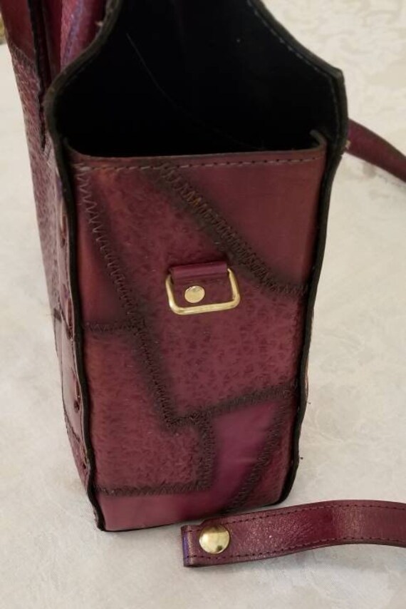 Vintage Rustic Patchwork Leather Tooled Bag with … - image 5