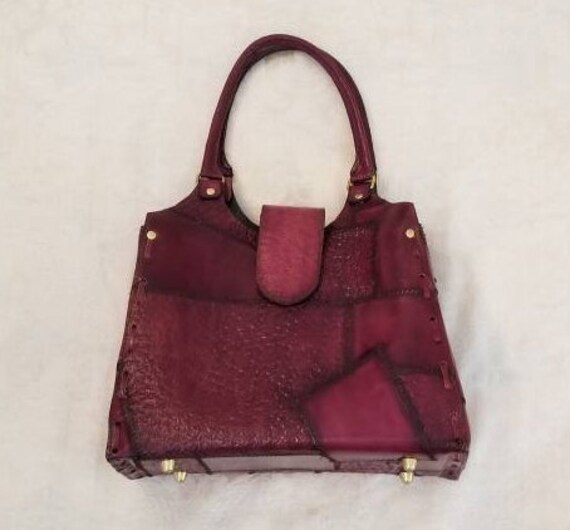 Vintage Rustic Patchwork Leather Tooled Bag with … - image 7