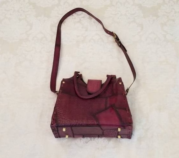Vintage Rustic Patchwork Leather Tooled Bag with … - image 2
