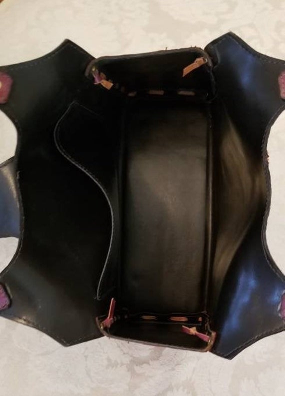 Vintage Rustic Patchwork Leather Tooled Bag with … - image 6