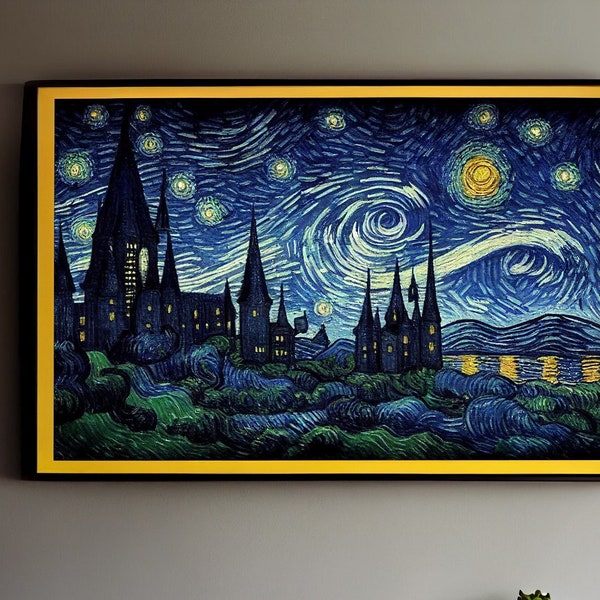 Peinture de nuit étoilée de Poudlard inspirée par Van Gogh, cadeau pour les fans de Harry Potter, monde sorcier