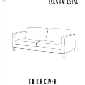 以下が含まれることがあります： 「HOUSSE CANAPE IKEA KARLSTAD」と「COUCH COVER IKEA KARLSTAD」のテキストが書かれたソファの線画。「Tous droits réservés - Copyrights © 2016 ALBRECHT M. - Reproduction interdite sans autorisation」と「All rights reserved - Copyrights © 2016 ALBRECHT M. - Forbidden reproduction without permission」のテキストも含まれています。