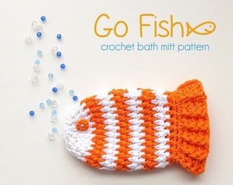 CROCHET PATTERN washcloth ⨯  fish bath mitt ⨯ kids children ⨯ worsted weight cotton ⨯ PDF Download ⨯ Go Fish Bath Mitt by Repeat After Me