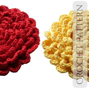 May include: Two crocheted items, one red and one yellow, are displayed against a white background. The red item is on the left, and the yellow item is on the right. The text "CROCHET PATTERN" is vertically aligned on the right side of the image.