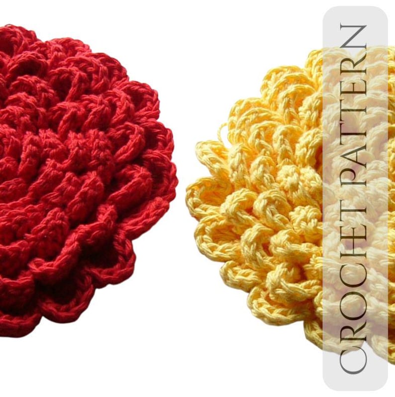 May include: Two crocheted items, one red and one yellow, are displayed against a white background. The red item is on the left, and the yellow item is on the right. The text "CROCHET PATTERN" is vertically aligned on the right side of the image.