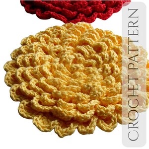 May include: Close-up of a yellow crocheted flower with a layered petal design. The flower is made of soft yarn and has a textured surface. The text "CROCHET PATTERN" is visible on the right side of the image. A red crocheted flower is visible in the top left corner.