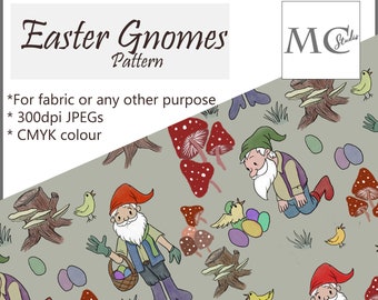 Easter Gnomes with rabbits and eggs illustrated Premium Seamless pattern design for fabric, card and more!